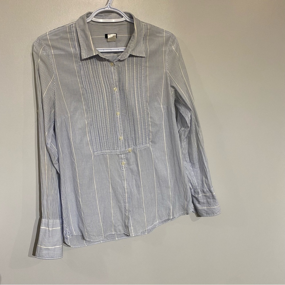J.Crew Blouse pop over button down pin stripe tuxedo button sleeve or roll up